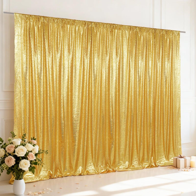 SquarePie Sequin Backdrop Curtain Not See Through Background for Wedding Party 20FT x 10FT Gold - Image 1